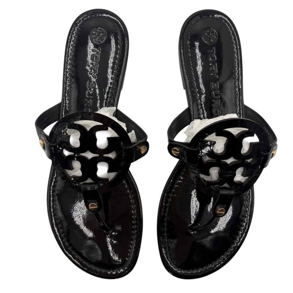 Tory Burch Miller Patent Leather Sandals Womens 10 Black Thong Logo - Picture 3 of 10